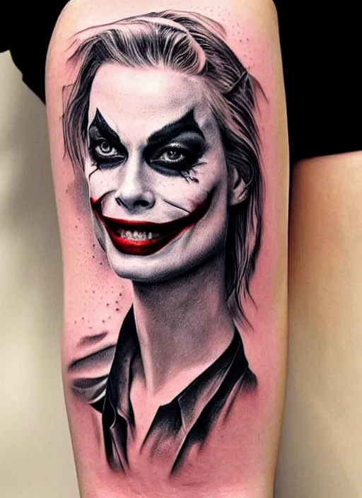 Image similar to tattoo design of margot robbie with joker makeup, ace card, in the style of matteo pasqualin, realistic face, black and white, realism tattoo, hyper realistic, highly detailed