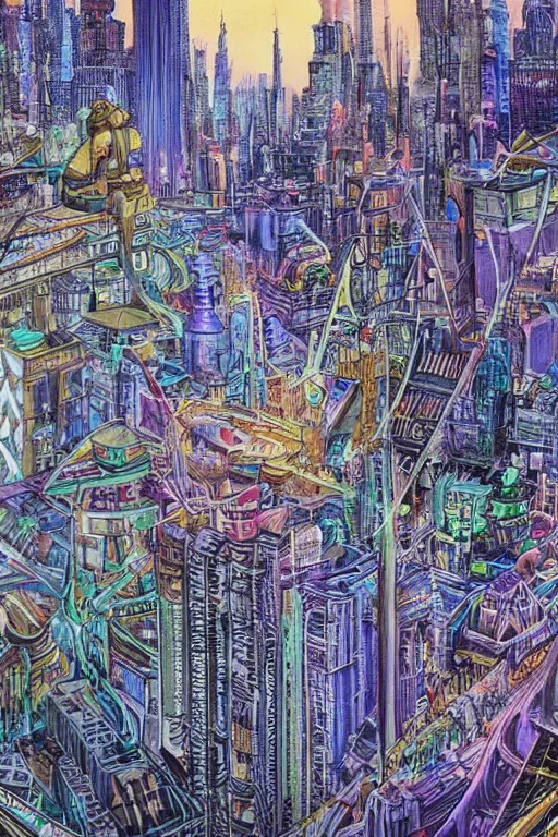 Prompt: A full-color airbrushed, ultra-detailed, hyperrealistic, photorealistic, mixed media, fineliner illustration of futuristic city at night with polluter air and art nouveau architecture, by P. Craig Russell , Moebius and Bill Sienkiewicz, trending on netfkix, trending on artstation