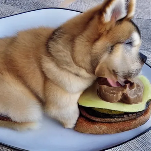 Prompt: peanut butter and husky dog sandwich,