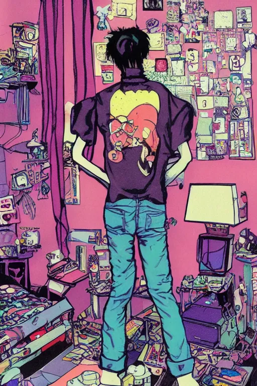 Prompt: a skinny goth guy standing in a cluttered 9 0 s bedroom by jamie hewlett, back view, jamie hewlett art, full body character concept art, vaporwave colors,