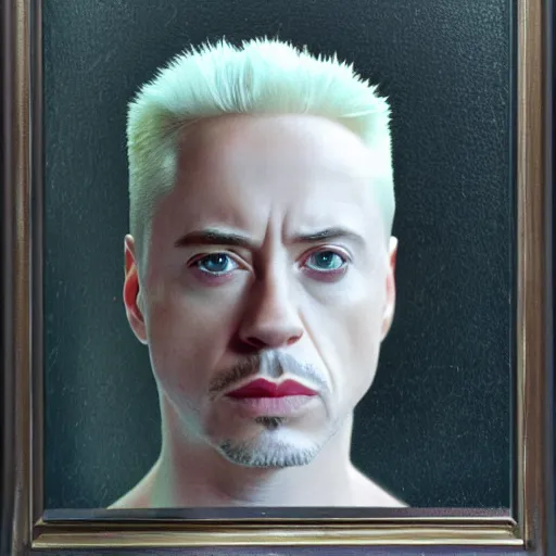 Prompt: realistic expired kodak film portrait of albino robert downey junior mix, hyperrealism, photorealistic, detailed, atmospheric, 8 k, award winning photography, cinematic