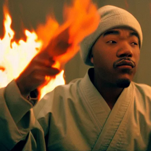 Image similar to cinematic film still of rapper JID starring as a Japanese Sensei with fire, Japanese CGI, VFX, 2003, 40mm lens, shallow depth of field, film photography