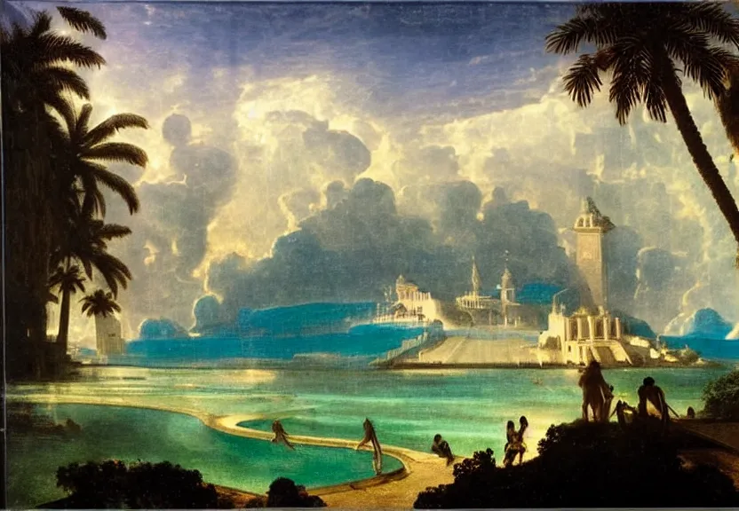 Image similar to Palace floating in heaven, 1km tall, thunderstorm, greek pool, beach and palm trees on the background major arcana sky, by paul delaroche, hyperrealistic 4k uhd, award-winning very detailed, heaven paradise