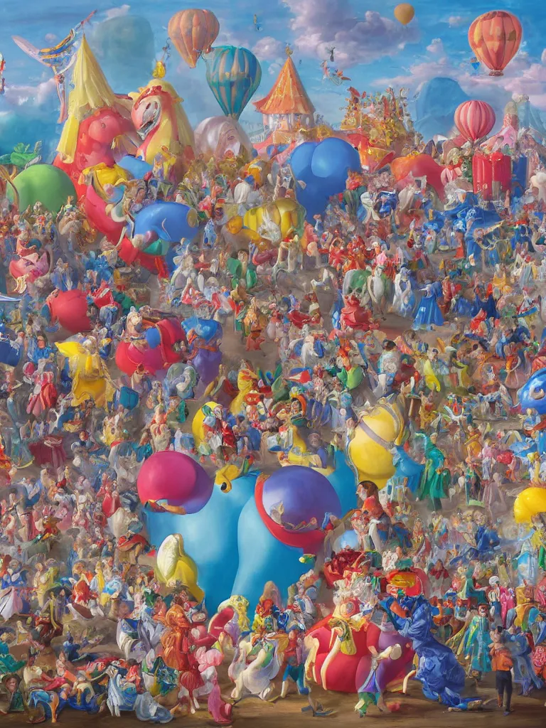 Prompt: a beautiful painting of a carnival with enormous balloon monsters, by jonas burgert, fallas party figures, realistic colors