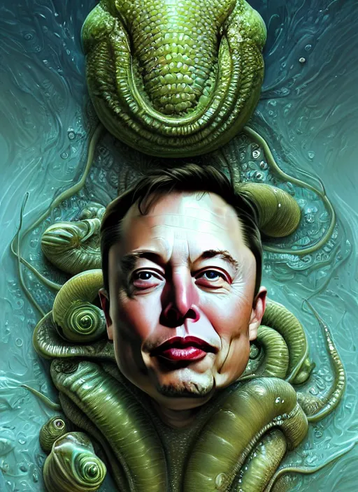 Image similar to elon musk as slimy mollusk character, drool, full length portrait!!!, intricate, elegant, highly detailed, digital painting, artstation, concept art, wallpaper, smooth, sharp focus, illustration, art by h. r. giger and artgerm and greg rutkowski and alphonse mucha