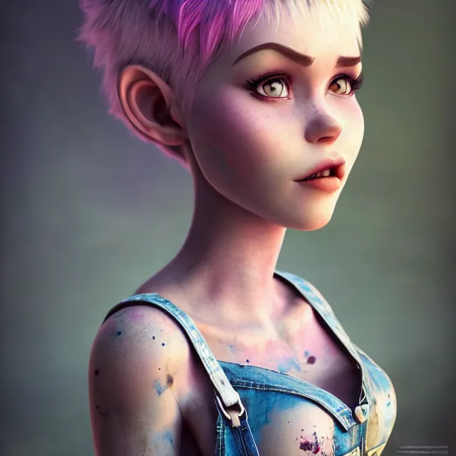 Prompt: full body pose, beautiful adult fairy, pixar, short white hair shaved sides, dirty, grungy, grunge, long sleeve, painted overalls, stacks of giant books, highly detailed, 4 k, hdr, smooth, sharp focus, high resolution, award - winning photo, artgerm, photorealistic