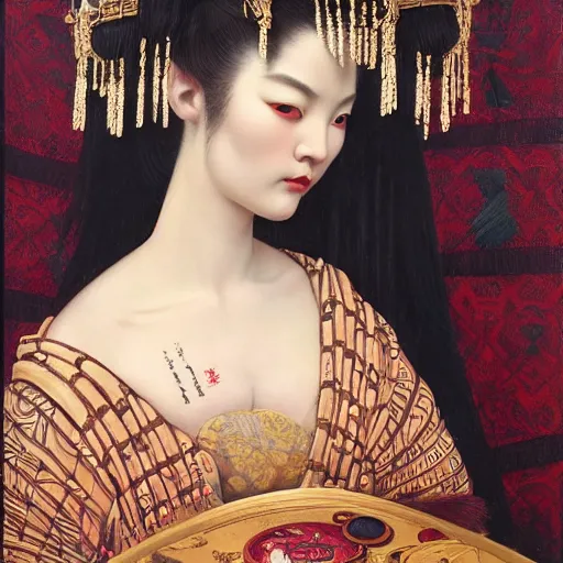 Image similar to highly detailed oil painting | very intricate | cinematic lighting | award - winning | the scandinavian viking geisha in an exquisite tribal kimono | by roberto ferri, by tom bagshaw, by j. c. leyendecker and klimt, beautifulh cinematic light, american romanticism, by austin osman spare, artstation, cgsociety, official art, octane