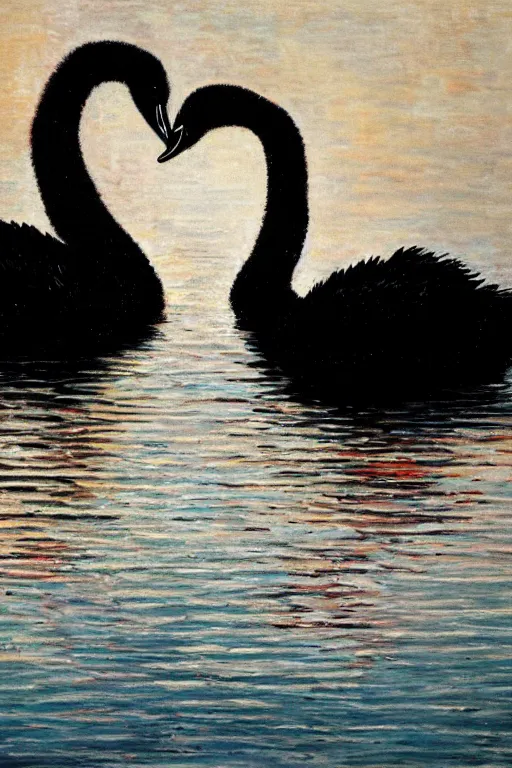 Image similar to !dream two black swans swimming, touching heads, forming a heart with their necks, oil on canvas, intricate, 8k highly professionally detailed, HDR, CGsociety