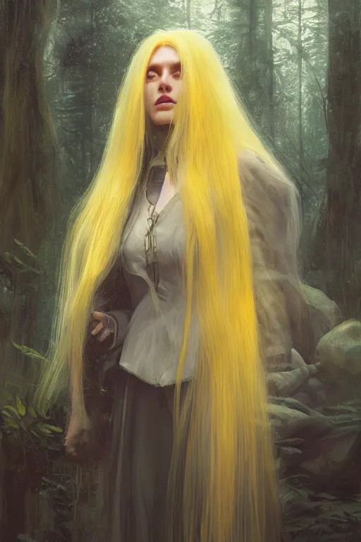 Prompt: digital drawing of wizard woman with long yellow hair standing in a forest by jeremy lipking and greg rutkowski and artgerm rendered in octane, beuatiful lighting, close - up