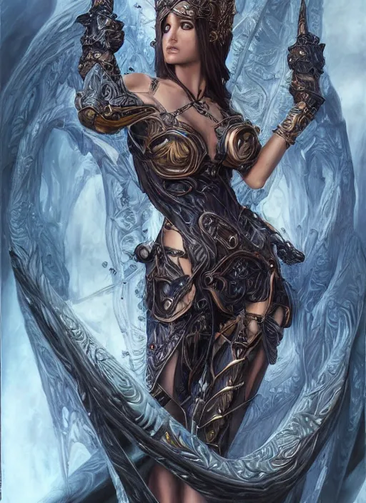 Image similar to a highly detailed symmetrical body shot and face of a evil female fantasy paladin sorceress with piercing beautiful eyes, art by artgerm and karol bak and mark brooks and donato giancola and bayard wu, oil painting, reallusion character creator, depth perception, elegant, intricate