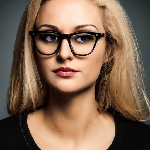 Prompt: portrait of a blonde woman with green eyes and black glasses and a small chin, high quality, photograph, 4k,