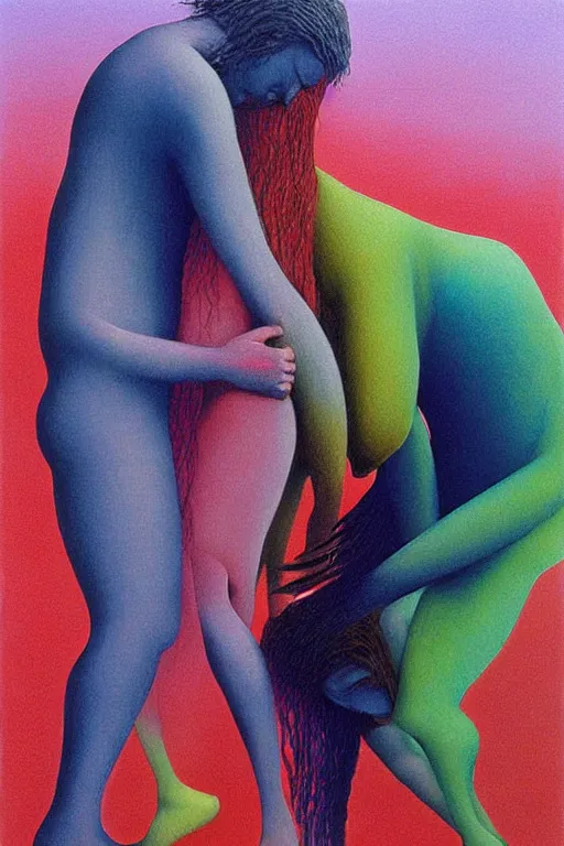 Image similar to realistic men kiss girl and hug and cuddle colourful shiny beautiful harmony painting by zdzisław beksinski