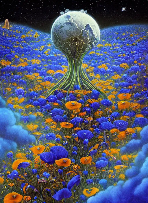 Image similar to detailed, intricate blue black and purple papaverum flower on the field, nebula, galaxy in the sky, winning award masterpiece, fantastically beautiful, illustration, aestheticly inspired, jacek yerka, upscale with anguissola sofonisba work, artstation, 8 k