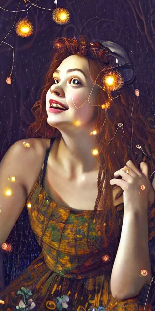 Image similar to a totally enraptured smiling young woman surrounded by golden firefly lights in a mesmerizing scene, sitting amidst nature fully covered, intricate detailed dress, long loose red hair, precise linework, accurate green eyes, small nose with freckles, smooth oval head, expressive emotions, hyper realistic ultrafine portrait by artemisia gentileschi, jessica rossier, artgerm