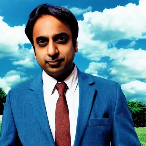 Prompt: Raj Koothrappali as Saul Goodman, promo poster, clouds in the background, cinematic light, 35 mm, film grain, movie, realistic