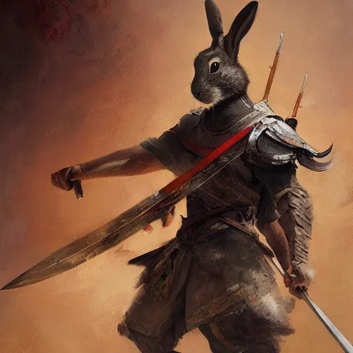 Image similar to anthropomorphic rabbit ancient warrior - swordsman, brush strokes, oil painting, greg rutkowski