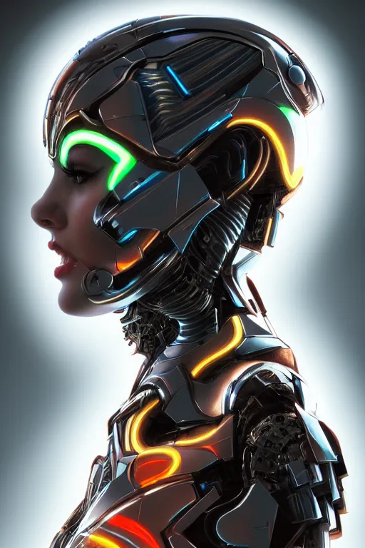 Image similar to portrait of a girl with a biomechanic armor and neon light by Igor Morski, dramatic lighting, highly detailed, trending on artstation