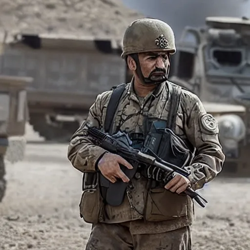 Image similar to kurdish military general in a movie directed by christopher nolan, movie still frame, promotional image, imax 7 0 mm footage, strong and imposing