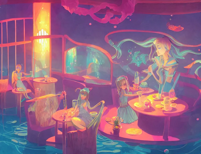 Prompt: magical girl in an underwater cafe. complementary colors, gouache, indie concept art, bloom, chiaroscuro, backlighting, intricate details.