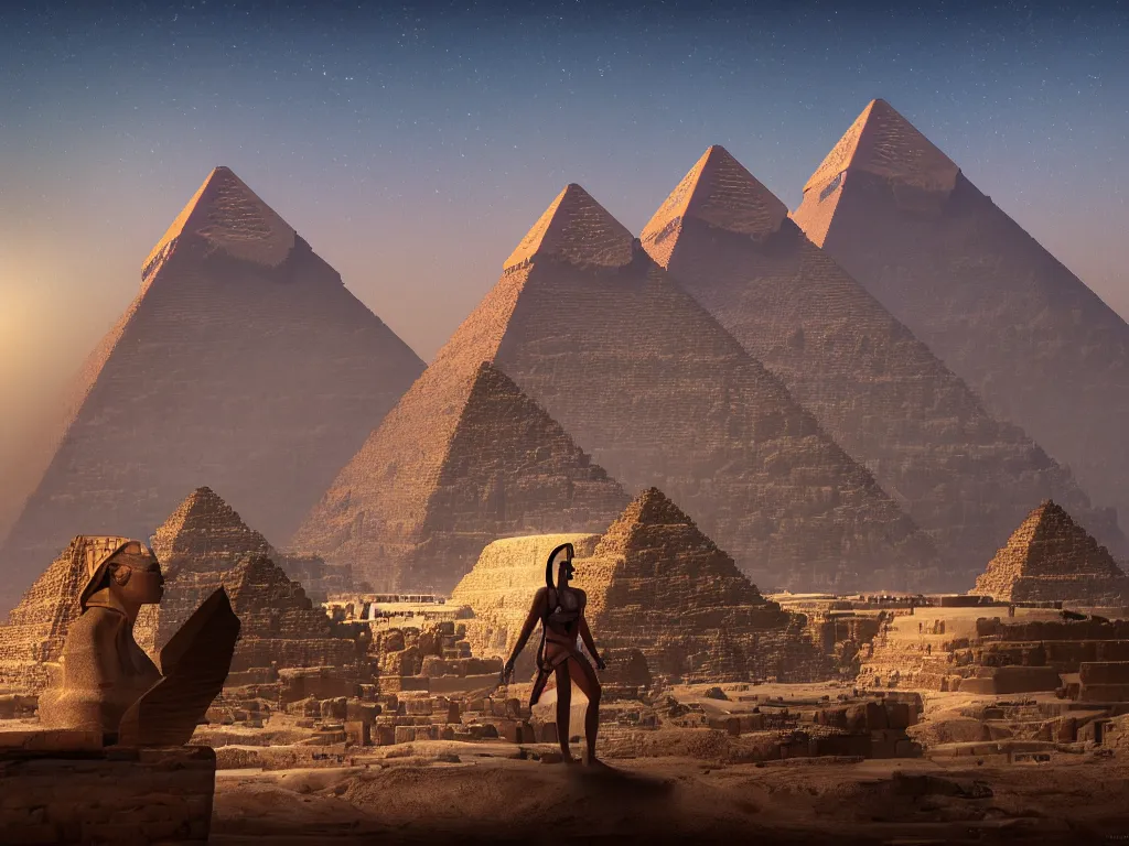 Prompt: photography of an egyptian god standing in front of the giza pyramid, fantasy ,volumetric lighting, intricate, elegant, hyperdetailed 3d matte painting, highly detailed, digital painting, artstation, smooth, sharp focus, illustration, art by Makoto Shinkai and artgerm, hyperrealism, hyperrealistic, cinematic masterpiece, fantasy style 8k ultrahd octane render