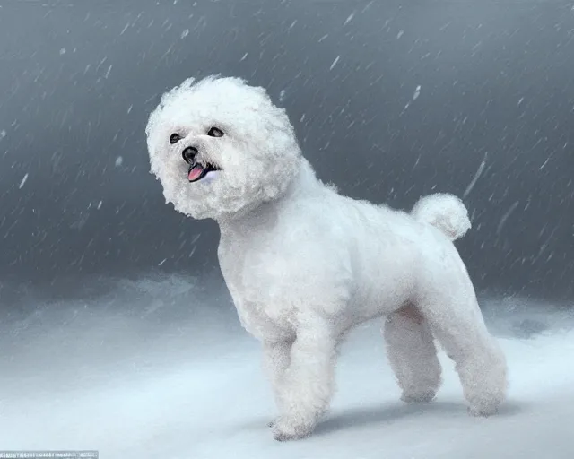 Image similar to prompt bichon battles through snowstorm with stomach scarred, digital painting, in the style of greg rutkowski, highly detailed