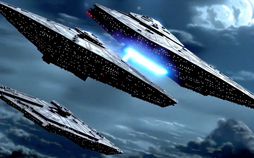 Image similar to star wars star destroyer from star wars landen in the twilight saga movie, darth vader anb bella dance together