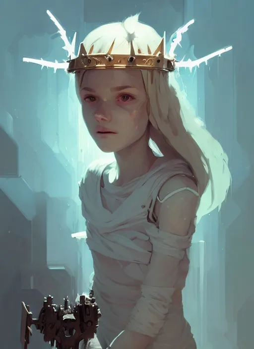 Image similar to portrait of cute angel maiden girl with crown of thorns and white short hairs, warhammer, cyberpunk, by atey ghailan, by greg rutkowski, by greg tocchini, by james gilleard, by joe gb fenton, by kaethe butcher, dynamic lighting, gradient light blue, brown, blonde cream and white color in scheme, grunge aesthetic