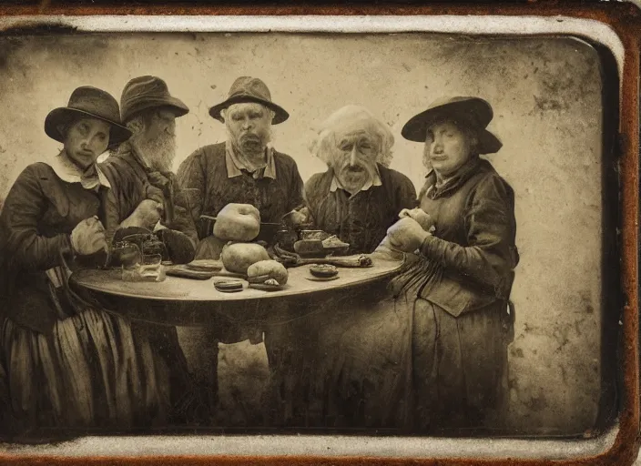 Image similar to old wetplate daguerreotype potato eaters by van gogh, fractal, intricate, elegant, highly detailed, parallax, leica, medium format, subsurface scattering, by jheronimus bosch and greg rutkowski and louis jacques mande daguerre