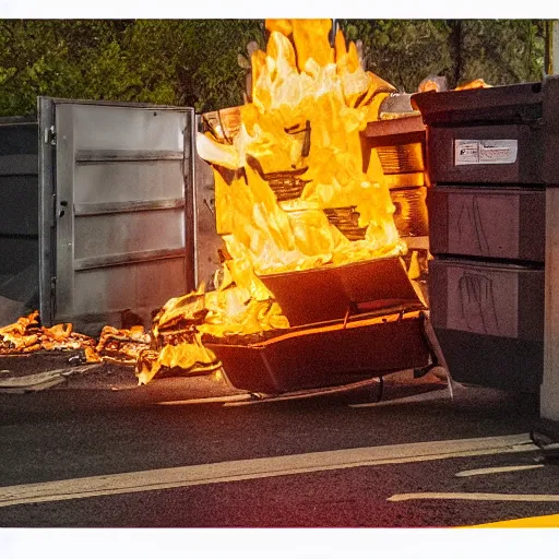 Image similar to cell shaded image of a dumpster on fire with raccoons running away