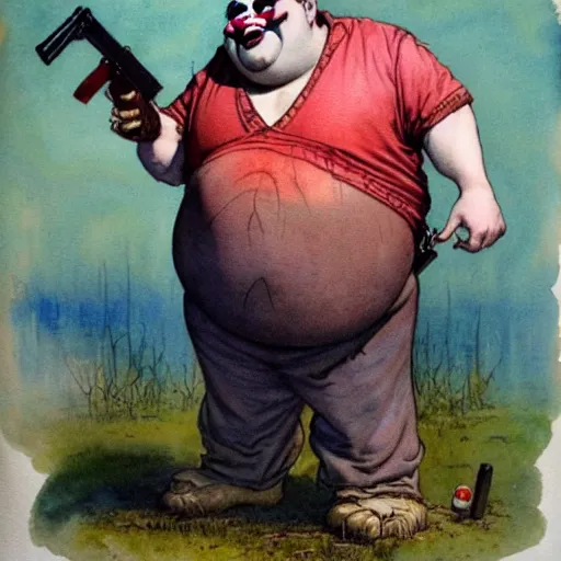 Image similar to a realistic and atmospheric watercolour fantasy character concept art portrait of a fat clown with pink eyes wearing a wife beater and holding a gun. by rebecca guay, michael kaluta, charles vess and jean moebius giraud