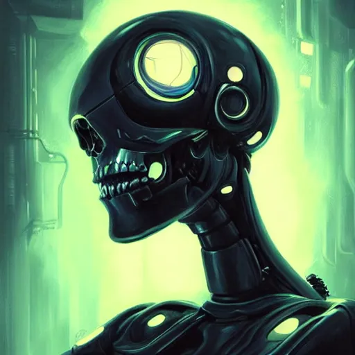 Image similar to skull - headed robot cyborg painting, illutstration, concept art, cyberpunk, futurism, comics art, artgerm