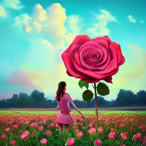 Image similar to large rose in face, girl frontal in a flower field, surreal photography, sunrise dramatic light, impressionist painting, colorful clouds, digital painting, artstation, simon stalenhag