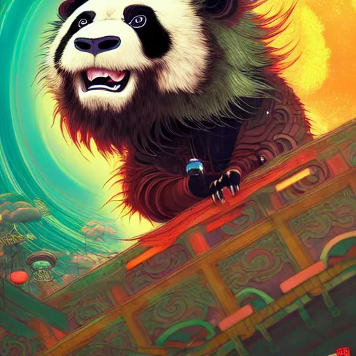 Image similar to a beautiful hyperdetailed character design 4 k wallpaper illustration of a cute panda with a chinese lion dance head victo ngai cyberpunk style, from china, style of studio ghibli, makoto shinkai, raphael lacoste, louis comfort tiffany, artgerm, james jean, ross tran, chinese style