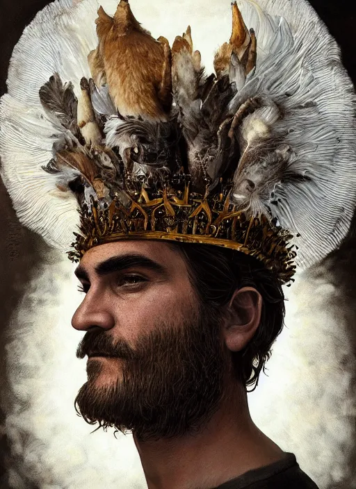 Image similar to a hyper detailed portrait of joaquin phoenix with a crown made of animals, cow horns, sheep wool, chicken feather armor, majestic, angelic, by anna podedworna, by miklos ligeti, by diego maricato, by taran fiddler, by antonino truisi, by chris reddie, by jinsung lim, trending on artstation