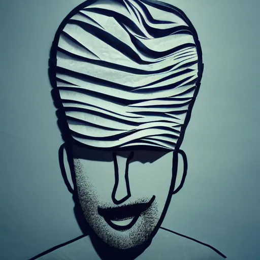 Image similar to a 2 d flat paper portrait of a man with wavey short hair, made from paper, friedly smile, raised eyebrows, ambient light, shadow art