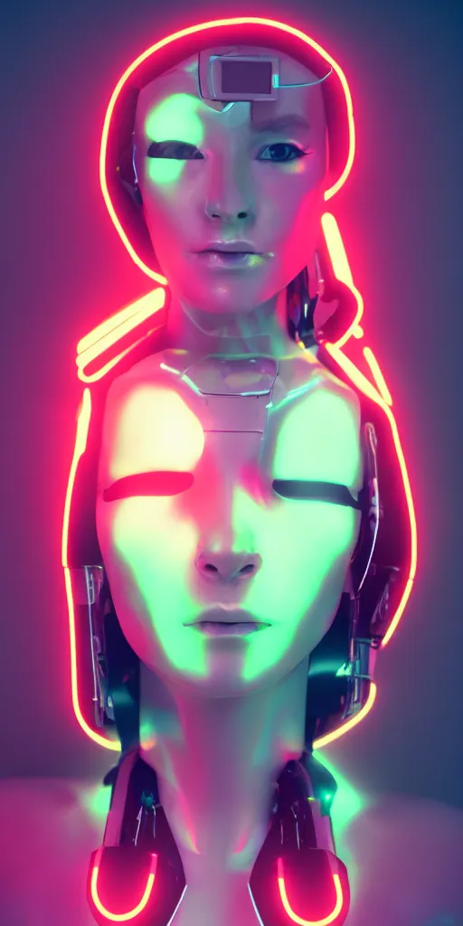 Image similar to a beautiful female cyborg humanoid brunette neon lighting 4 k render 8 5 mm