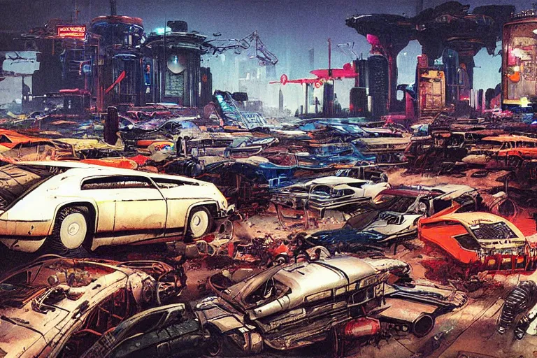 Image similar to junkyard. in cyberpunk style by Vincent Di Fate