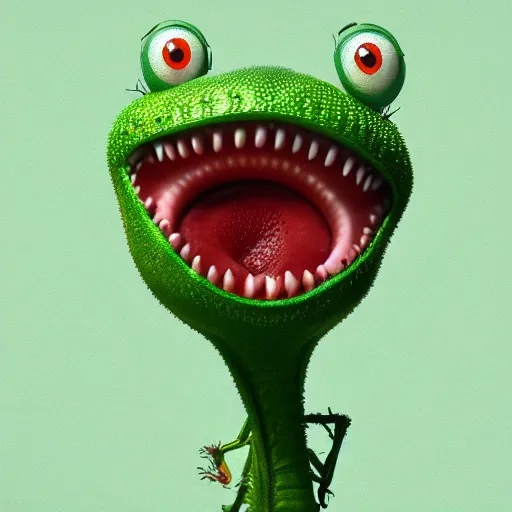 Image similar to cute anthropomorphic venus flytrap carniverous plant creature with many leaf arms and vine legs and big eyes detailed character concept 3 d pixar style render 4 k