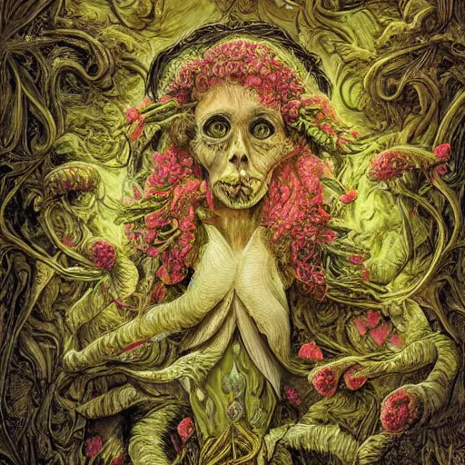 Image similar to a beautiful detailed rococo 8 0's photo of a rotten woman corpse morphing into fractal plants and fractal flowers and mushrooms, face muscles, veins, anatomical, intricate, ornate, volumetric light, beautiful lit, beetlejuice