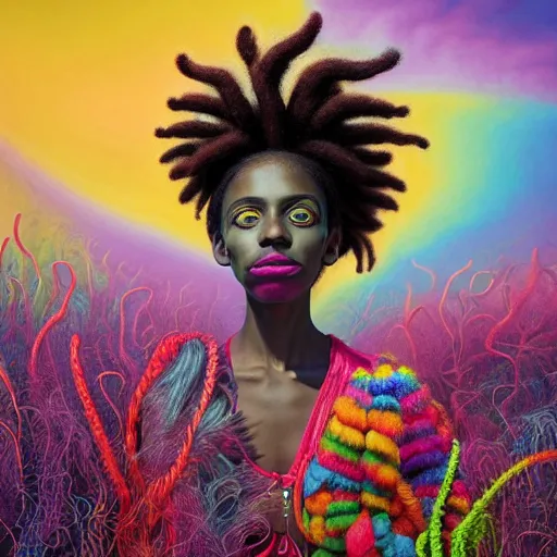 Image similar to a wide angle shot of a black girl with colorful dreadlocks in a field of candy, by Adi granov and afarin sajedi and amanda sage and evgeni gordiets and Agostino Arrivabene and adonna khare in a psychedelic portrait style, ultrarealistic matte painting, volumetric lighting, fractal, extremely symmetrical, highly detailed face, orisha, 8k, hd