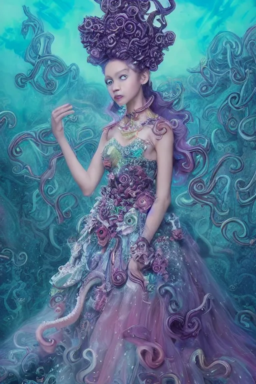 Image similar to A full body shot of a cute and mischievous young monster princess wearing an ornate gown. Covered in barnacles and tentacles. Dynamic Pose. Quinceanera dress. Rainbow palette. Dramatic Lighting. Eldritch. defined facial features, symmetrical facial features. Opalescent surface. Emerging from the darkness. Elegant. By Ruan Jia and Artgerm and Range Murata and WLOP and Ross Tran and William-Adolphe Bouguereau. Key Art. realistic, Hyperdetailed. Fantasy Illustration. Masterpiece. artstation, award winning, sharp, details, HD, HDR, 4K, 8K.