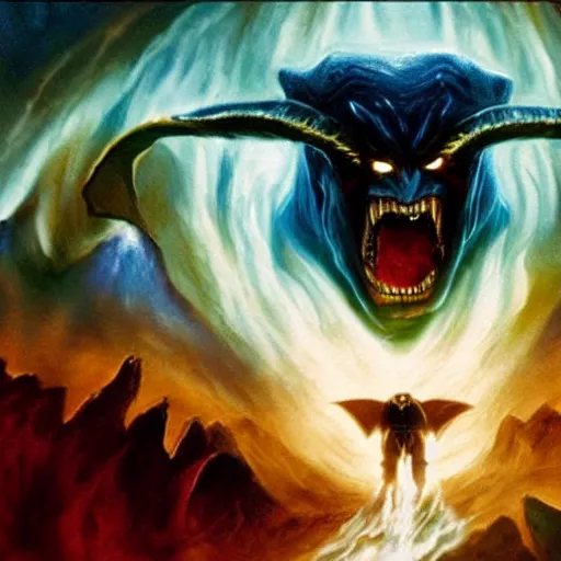 Image similar to balrog from the lord of the rings in the style of an oil painting, direction by peter jackson, still from the movie