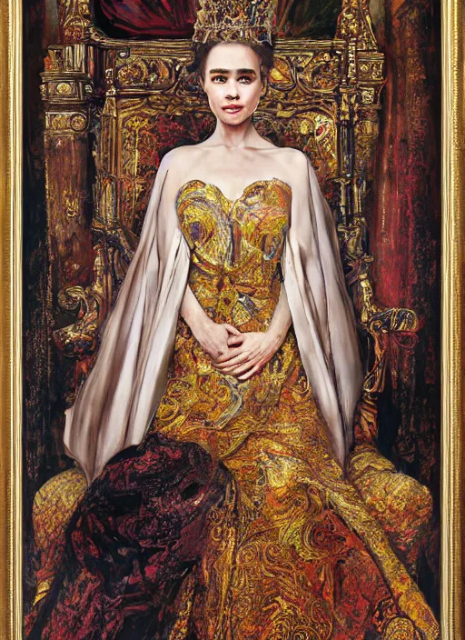 Image similar to oil painting of portait Queen of Ecstasy in a large throne room, Hungarian, Emilia Clarke by Yoshitaka Amano, by Georgia o Keeffe, by Gustave Moreau