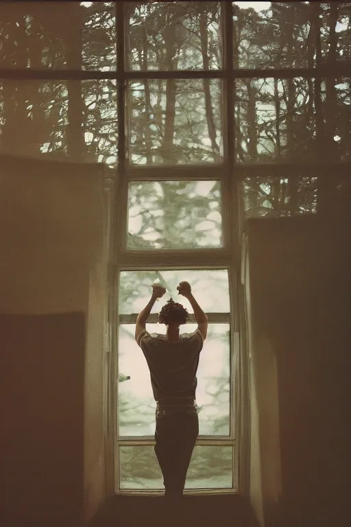 Prompt: kodak portra 1 6 0 photograph of a skinny guy standing in a spaceship, window, flower crown, back view, moody lighting, moody vibe, telephoto, 9 0 s vibe, blurry background, tranquil, calm, faded!,