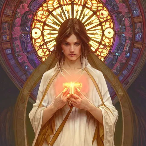 Prompt: a Portrait of A goddess in a church with a holy light emanating from her body by greg rutkowsk and alphonse mucha,In style of WLOP.digital art illustration.hyper detailed,smooth, sharp focus,trending on artstation,4k