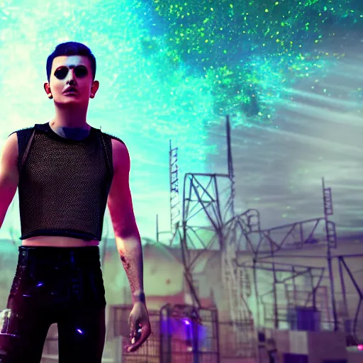 Prompt: A beautiful boy wearing a black mesh crop top and black shorts standing in a mad max cage. The boy is surrounded by a colorful nebula. Cyberpunk, Digital Art, unreal engine 5, 50mm, f2.8