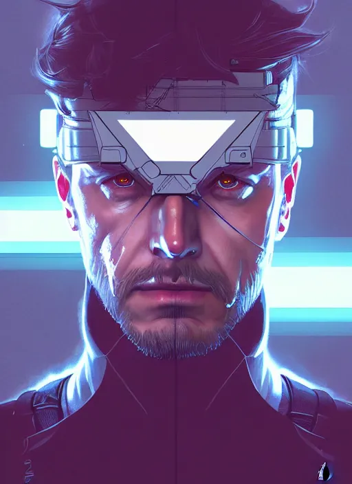 Image similar to symmetry!! portrait of solid snake, metal gear solid, tech wear, glowing lights!! intricate, elegant, highly detailed, digital painting, artstation, concept art, smooth, sharp focus, illustration, art by artgerm and greg rutkowski and alphonse mucha