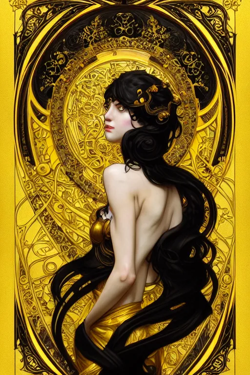 Image similar to beautiful black yellow, complicated gold baroque style decoration, dark fantasy, intricate, elegant, highly detailed, digital painting, artstation, concept art, matte, sharp focus, illustration, octane rendered, art by artgerm and alphonse mucha, leesha hannigan, ross tran