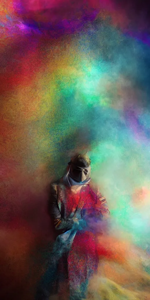 Image similar to faceless man in a multicolored metallic suit, hidden behind torn cloth swirling violently, abstract cloth simulation, tattered fabric, rags, ragged, ephemeral, gradients, hyperdetailed, hyper realistic, Cozy, soft light, caustic, atmospheric fog, Octane Render, cinematic