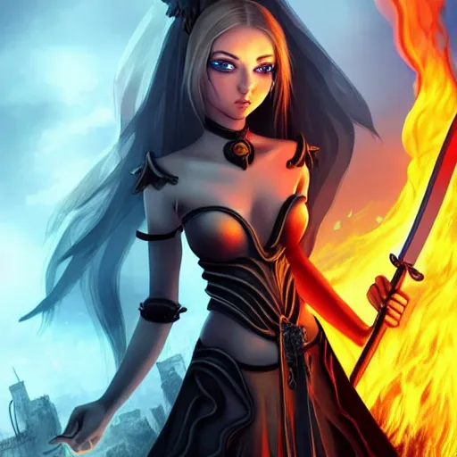 Image similar to a beautiful girl with a beautiful perfect symmetrical body, perfect symmetrical face, coherent symmetrical eyes in a torn dress holding a sword against the background of a burning city, fantasy style